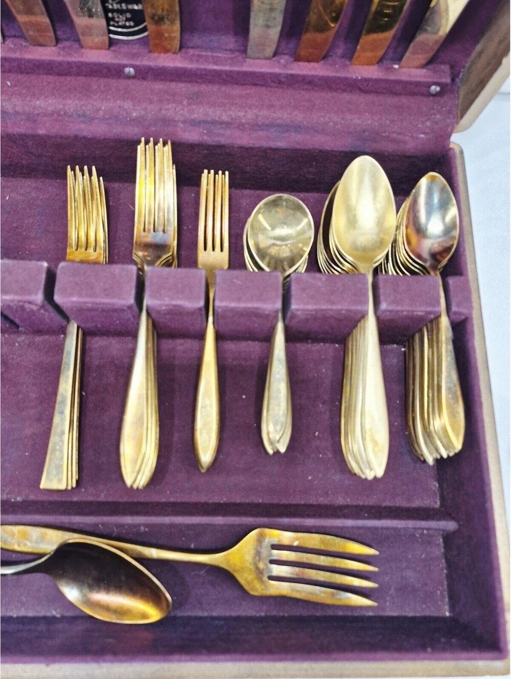 Vintage Genuine Dirilyte Table/Silverware Gold Tone Wood Storage Box Solid